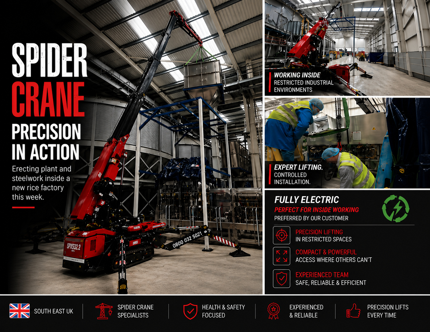 Spider crane installation for new rice processing facility