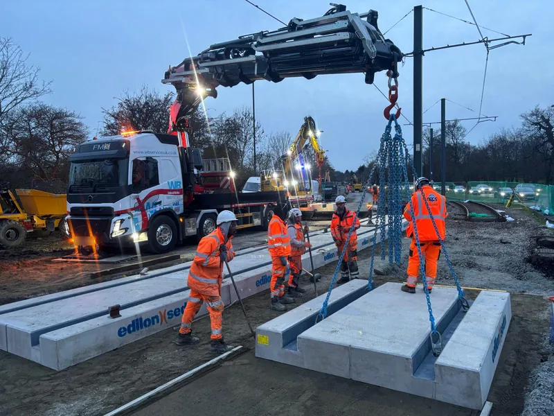 WB Services Hiab lifting concrete track slabs on a rail project