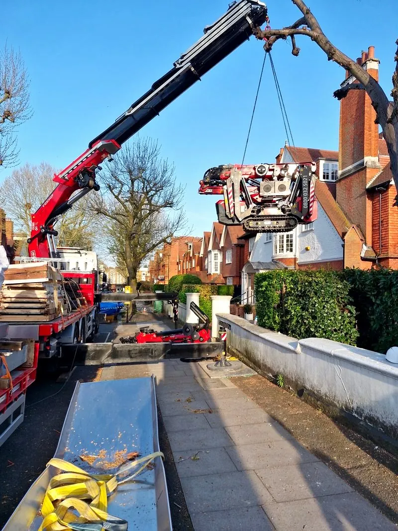 WB Services F1050 long reach Hiab lifting a tracked spider crane over a front wall on a residential street
