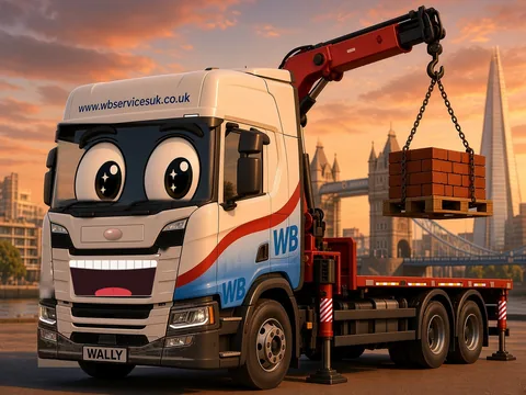 Wally, a smiling cartoon WB Services lorry saying Hi, I'm Wally! I love big lifts!
