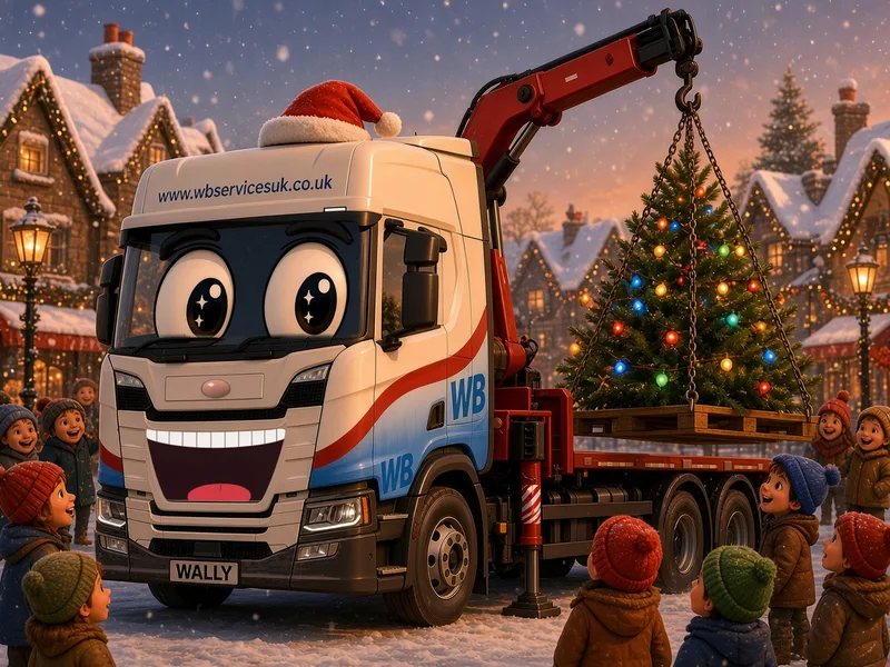 Wally lowering a Christmas tree into a snowy village square