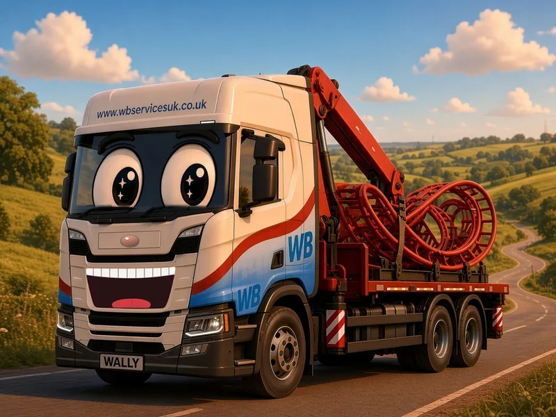 Wally driving along a country road with roller coaster track on his flatbed
