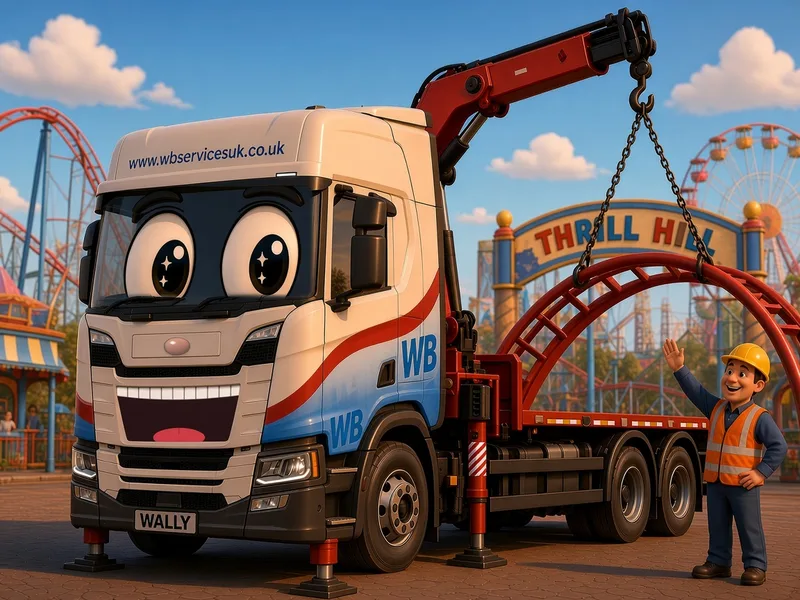 Wally lifting roller coaster track at Thrill Hill with a banksman in hi-vis