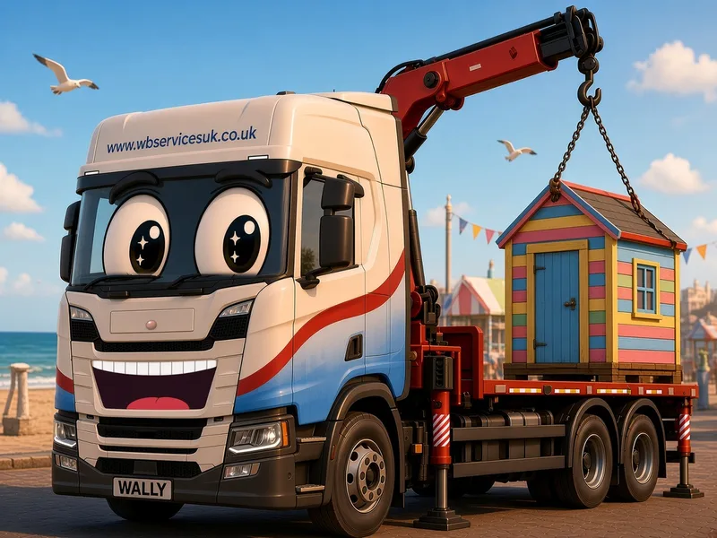 Wally lifting a colourful beach hut at the seaside