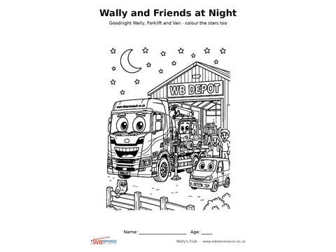 Wally and friends at night colouring sheet preview