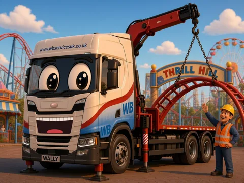 Wally lifting a piece of roller coaster track at Lift Meadows Fun Park